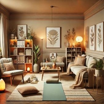 Acogedora sala de estar de estilo bohemio con iluminación cálida, muebles neutros, plantas y cuadros botánicos enmarcados.