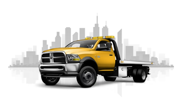 Picture of Cartoon yellow tow truck with city skyline in background