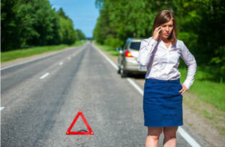 Picture of Girl in skirt on side of the road on her phone with car in background