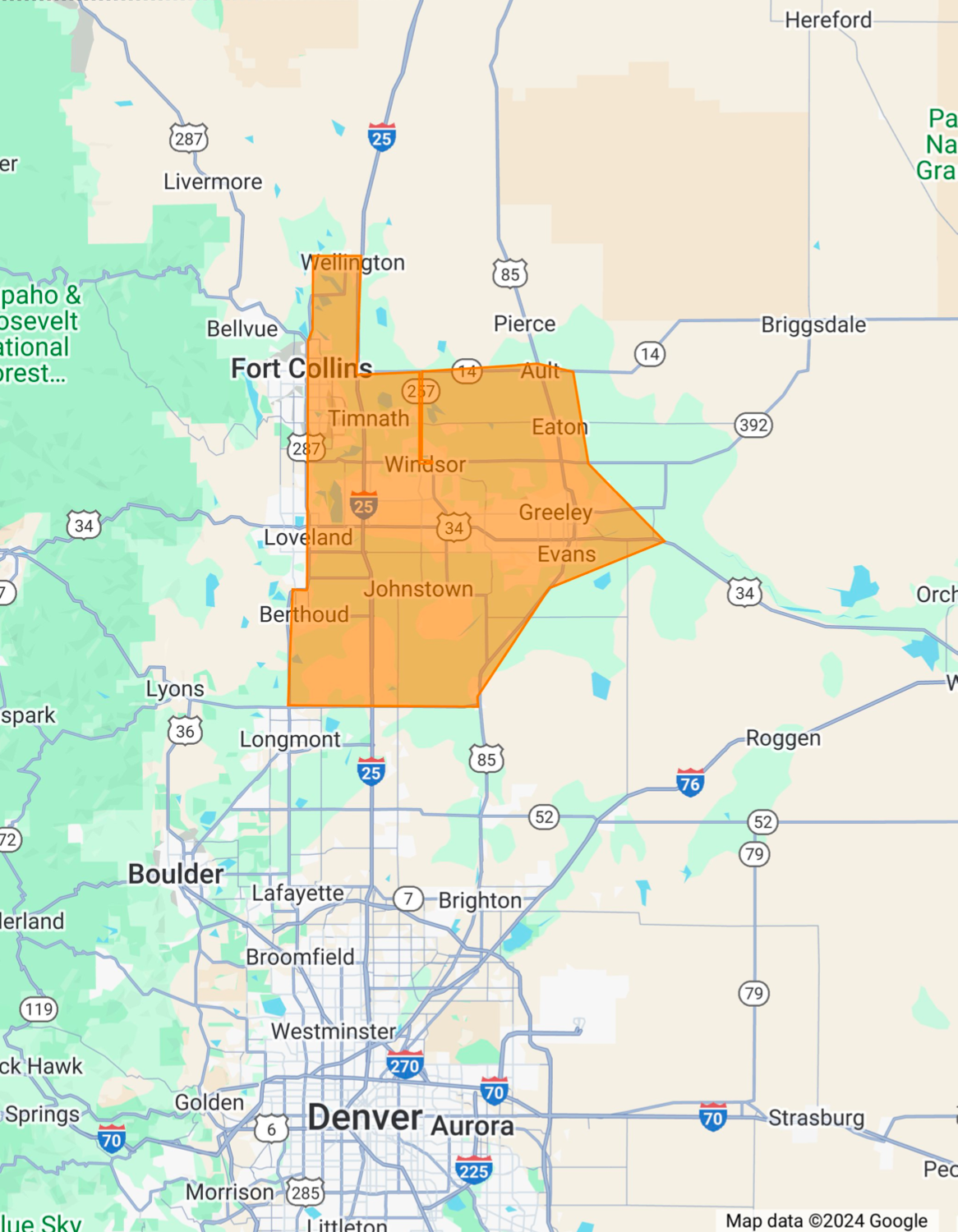 A map of denver , colorado with a large orange area in the middle.