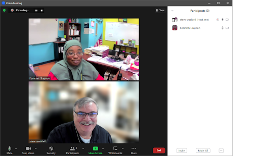 screenshot of a zoom call with Steve Weddell with CTeLearning and teacher Karimah Grayson of SunEd High School in Margate, FL