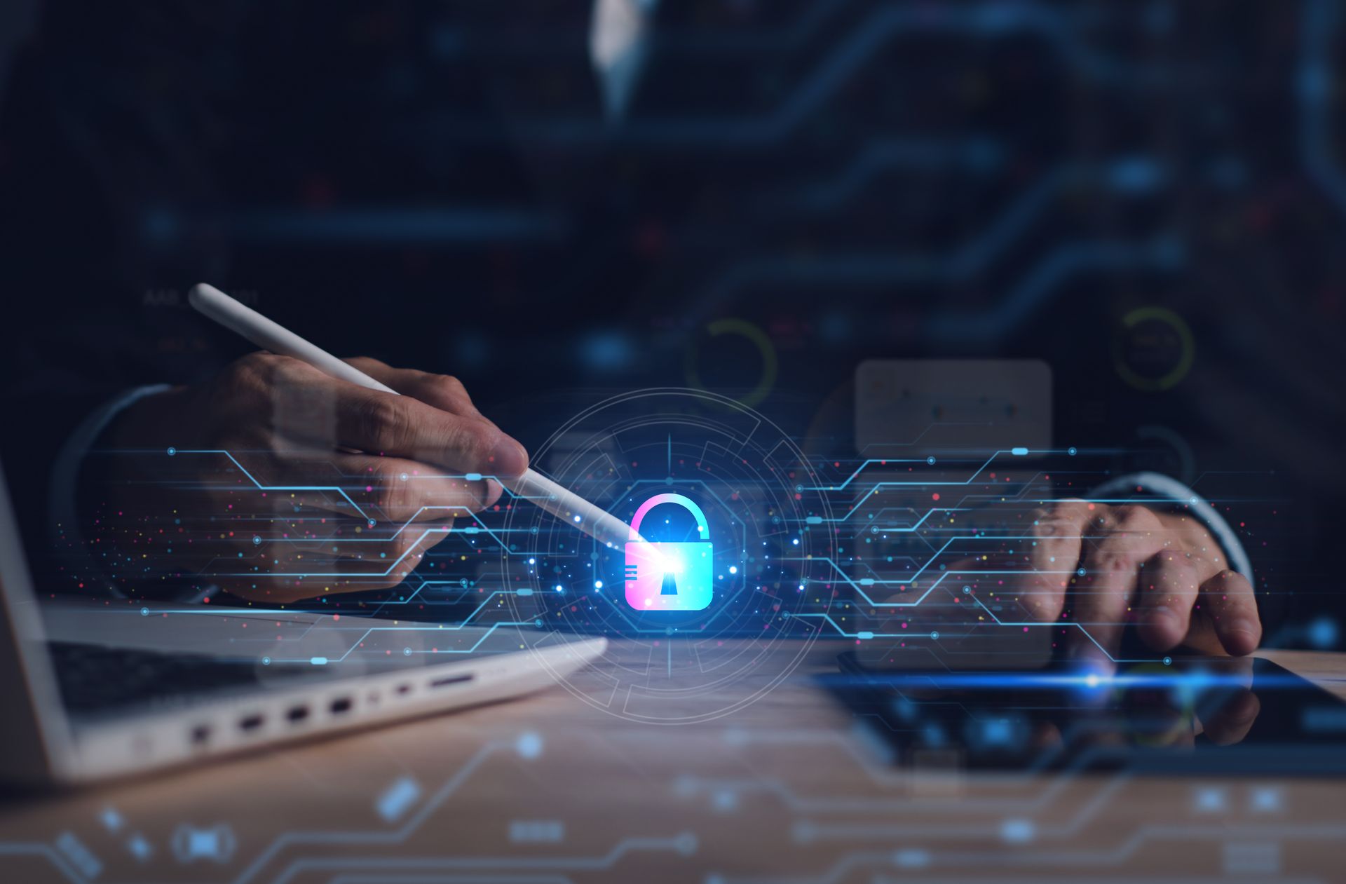 Laptop user surrounded by glowing lock icons representing private security guard services security. Laptop user surrounded by glowing lock icons representing private security guard services security.