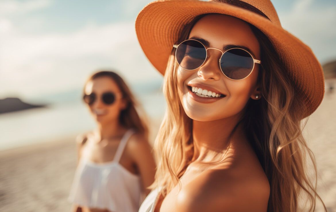 A woman wearing a hat and sunglasses is smiling on the beach.