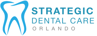 The logo for strategic dental care orlando is a blue tooth.