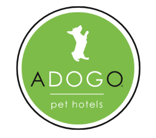 The logo for adogo pet hotel has a dog on it