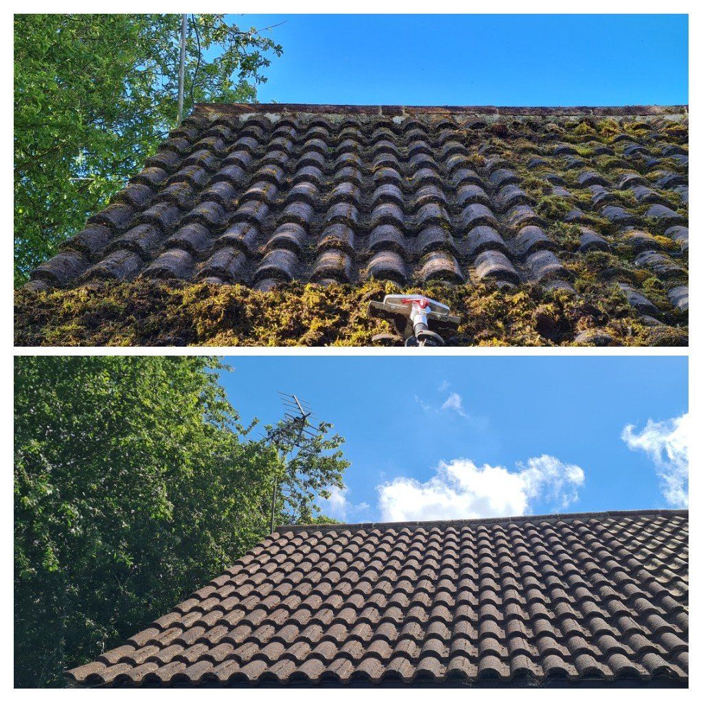 Moss removal as part of roof cleaning, before and after