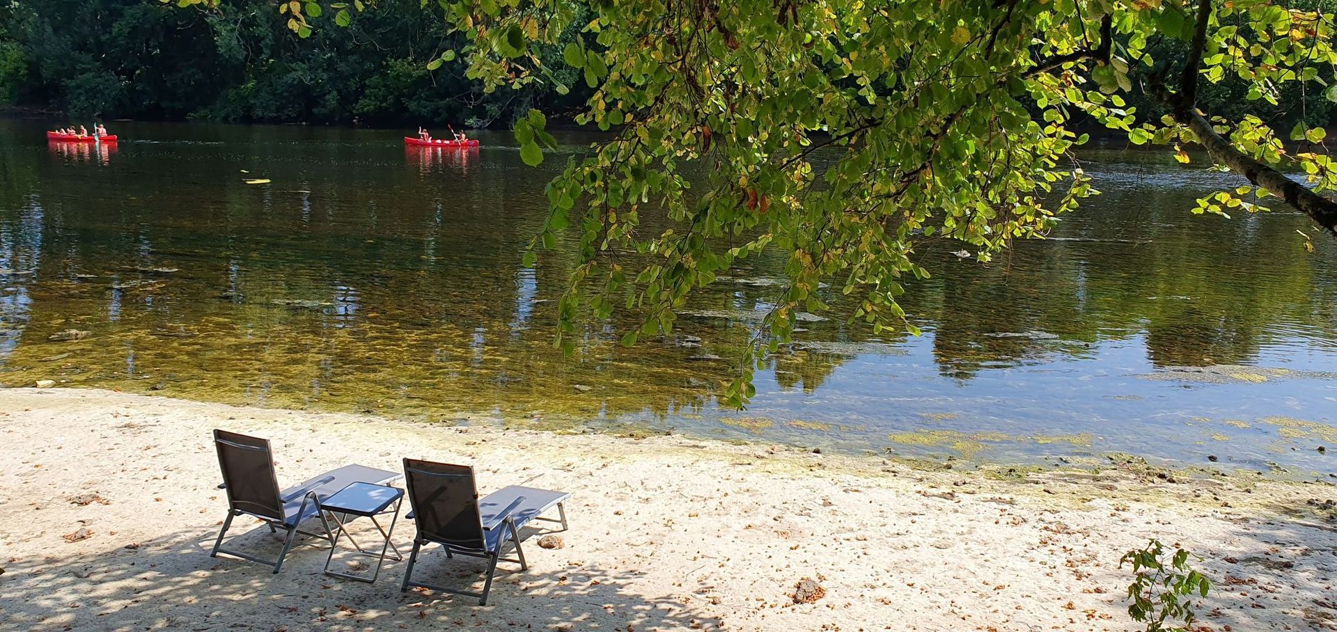 Een man zit op een bankje in het bos bij de rivier