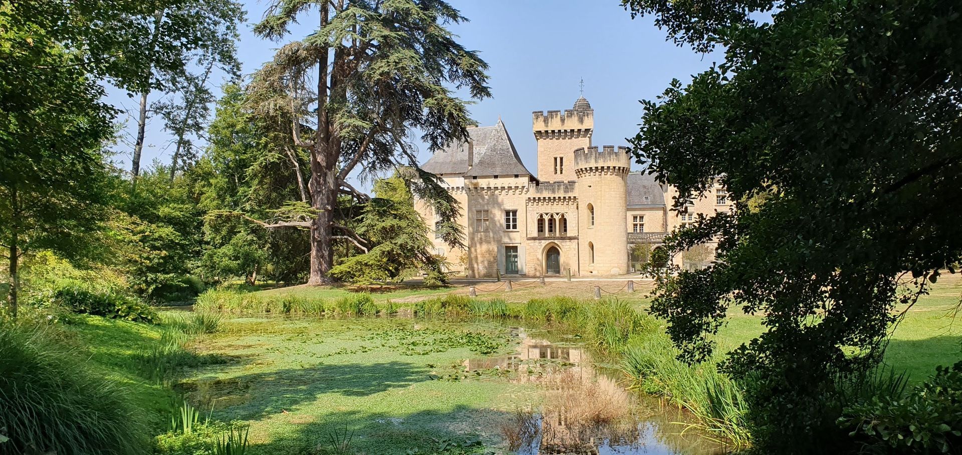 Een groot kasteel is omgeven door bomen en gras