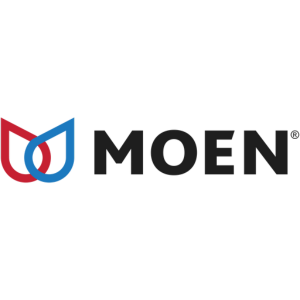 Moen logo: Red and blue water droplet icon next to the black text 