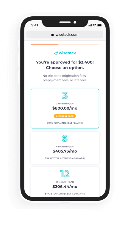 Smartphone screen showing loan options from Viberadio: 3 months, $800/mo; 6 months, $401.72/mo; 12 months, $206.44/mo.