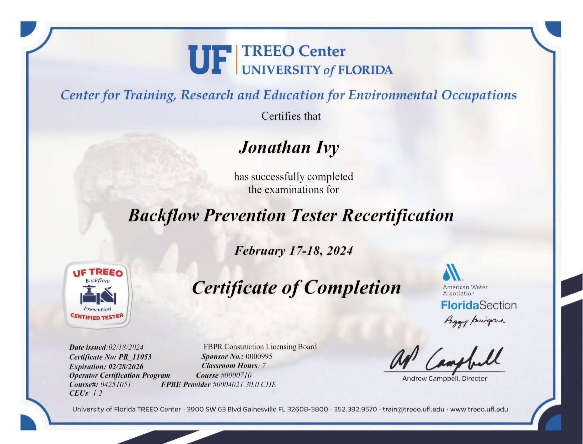 Certificate for Jonathan Ivy, Backflow Prevention Tester Recertification from University of Florida.