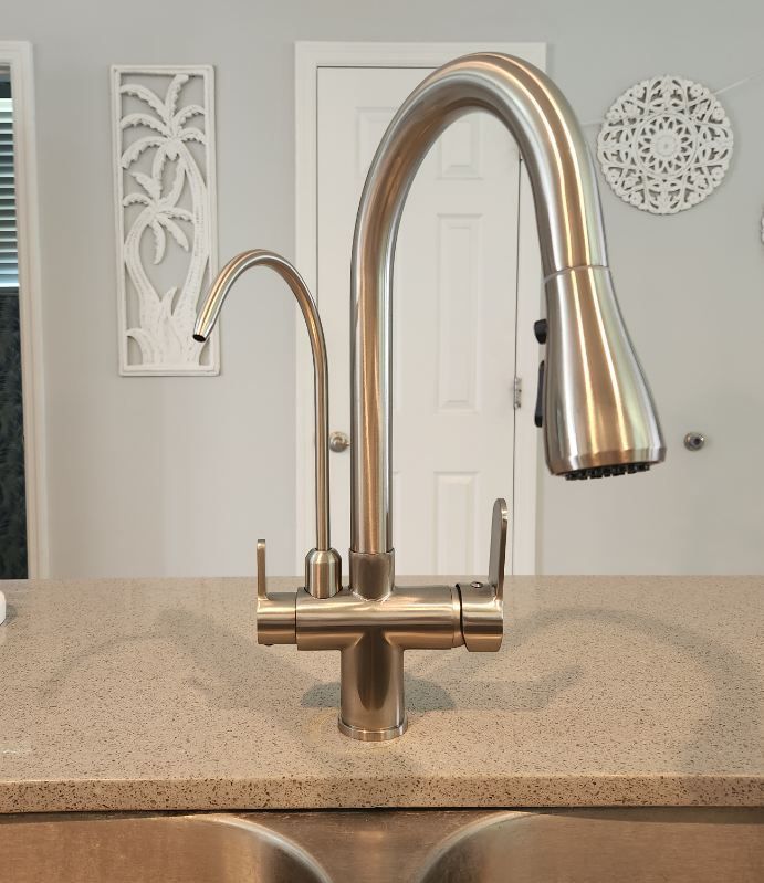 Brushed nickel kitchen faucet with pull-down sprayer and separate filtered water faucet, set on a countertop.