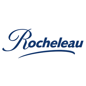 Un logo bleu pour rocheleau sur fond blanc