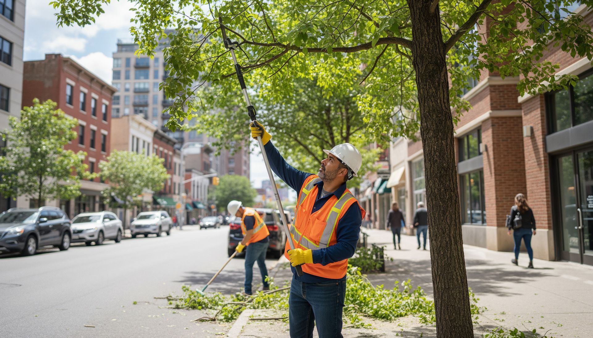 A professional tree care team is pruning sidewalk trees with a pole saw in a busy urban area.