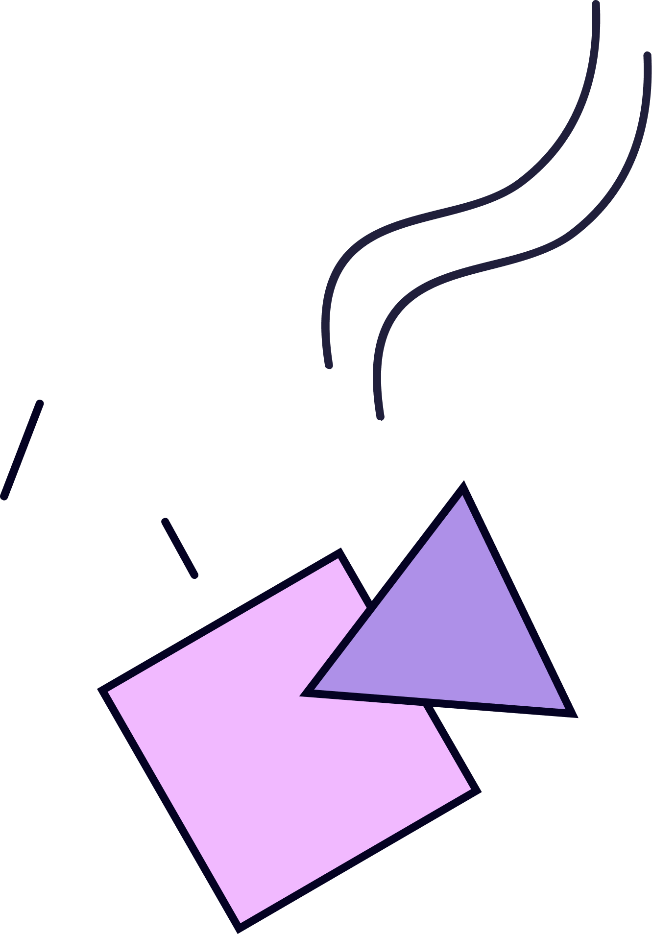 A purple square and a purple triangle are flying in the air.