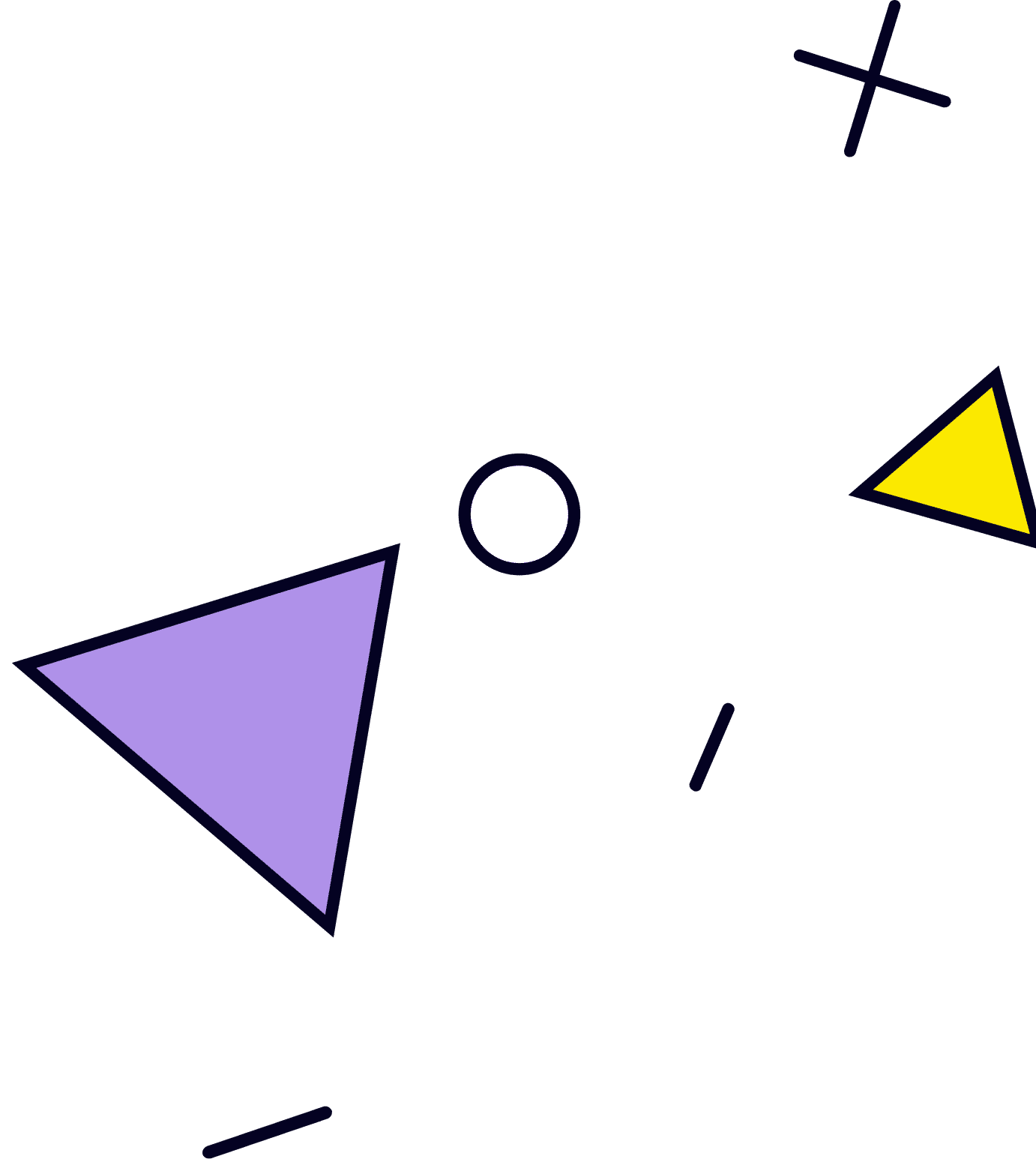 A purple triangle , a yellow triangle , a circle , and a cross on a white background.
