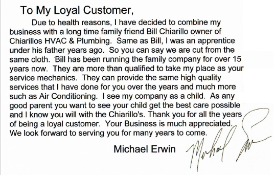 A letter from michael erwin to a loyal customer