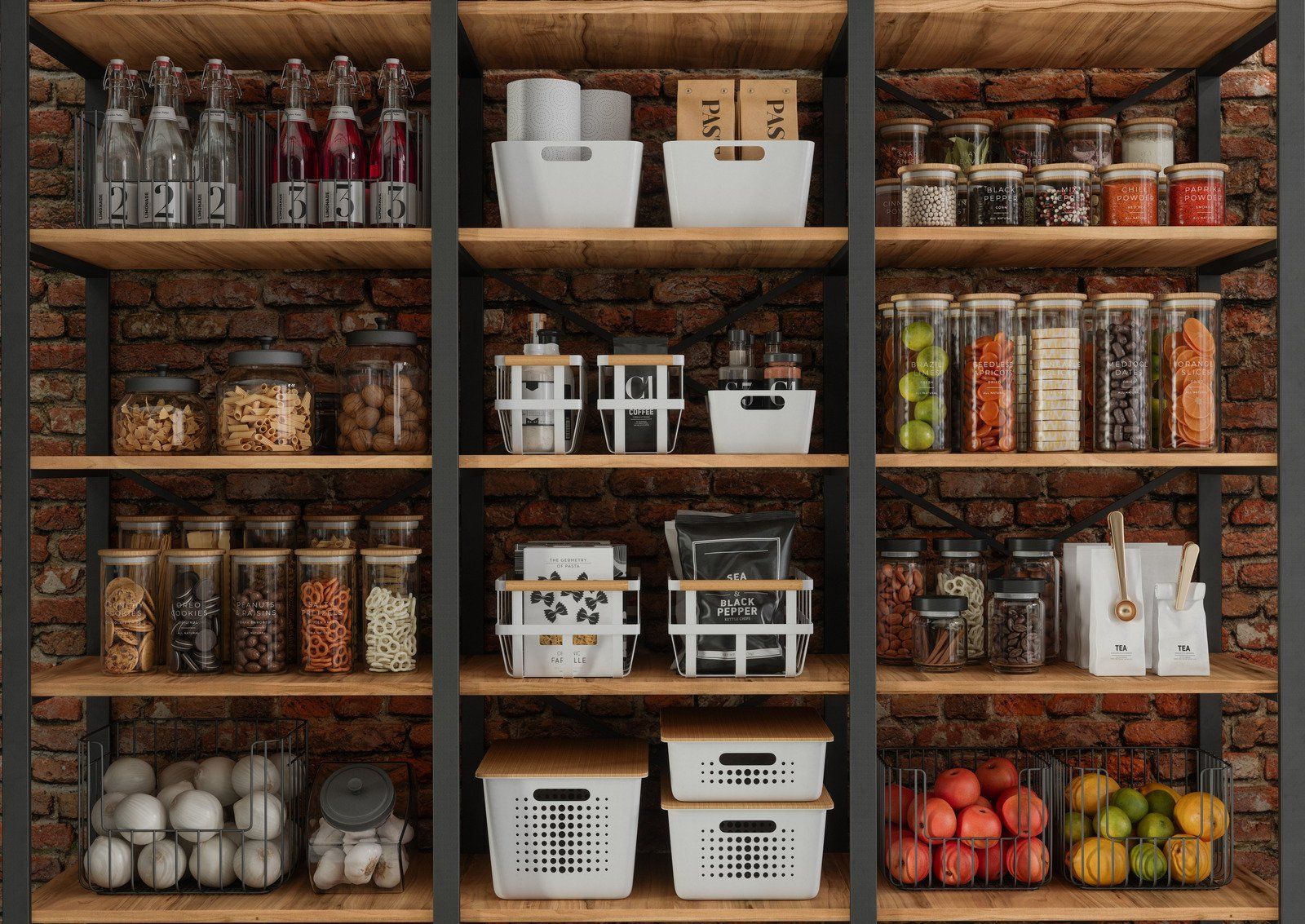Shelving unit filled with various food items in jars and baskets against a brick wall.