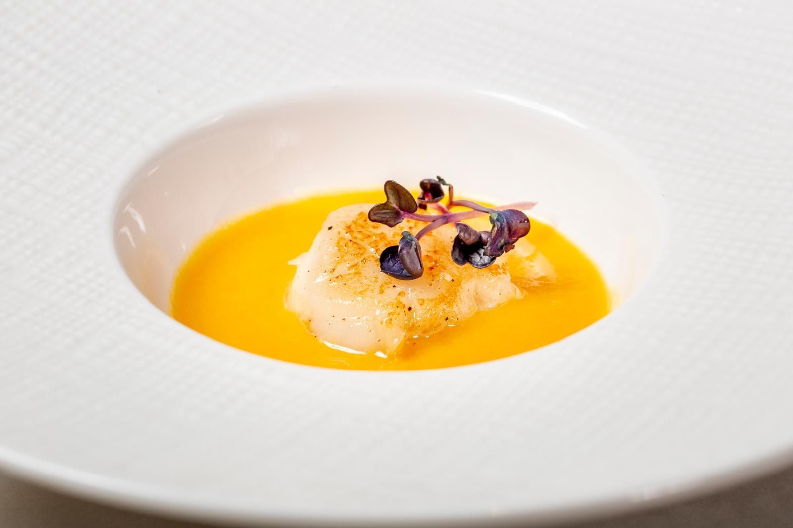 Una singola capasanta scottata in padella è adagiata in una pozza di salsa giallo brillante