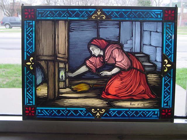 A stained glass painting of a woman sweeping the floor
