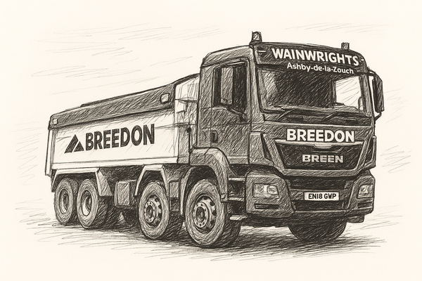 Breedon truck drawing, driving on a road, company logo visible.Wainwrights lorry.