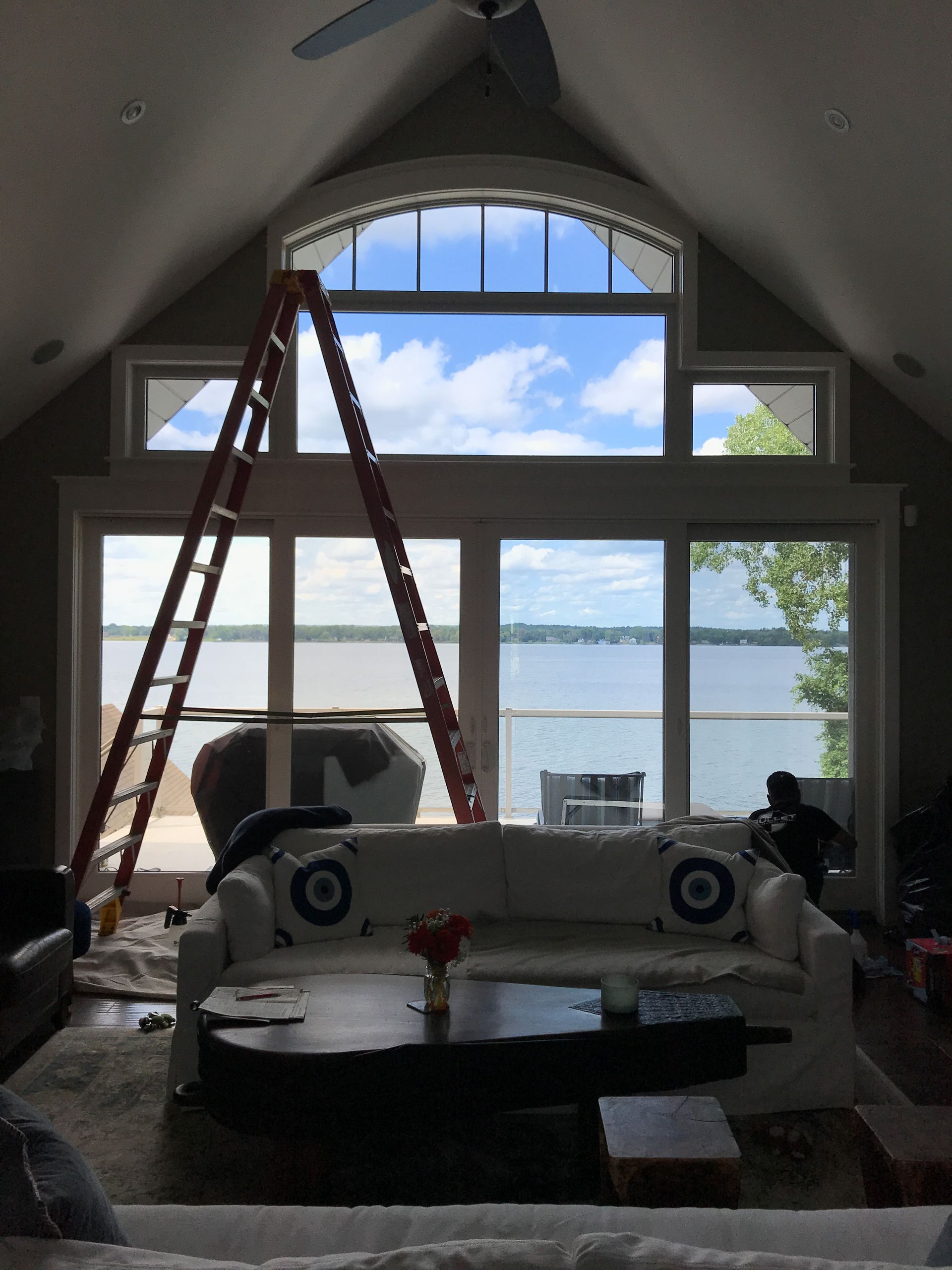 Progress picture of windows being Tinted overlooking the Bay of Quinte in Rednersville