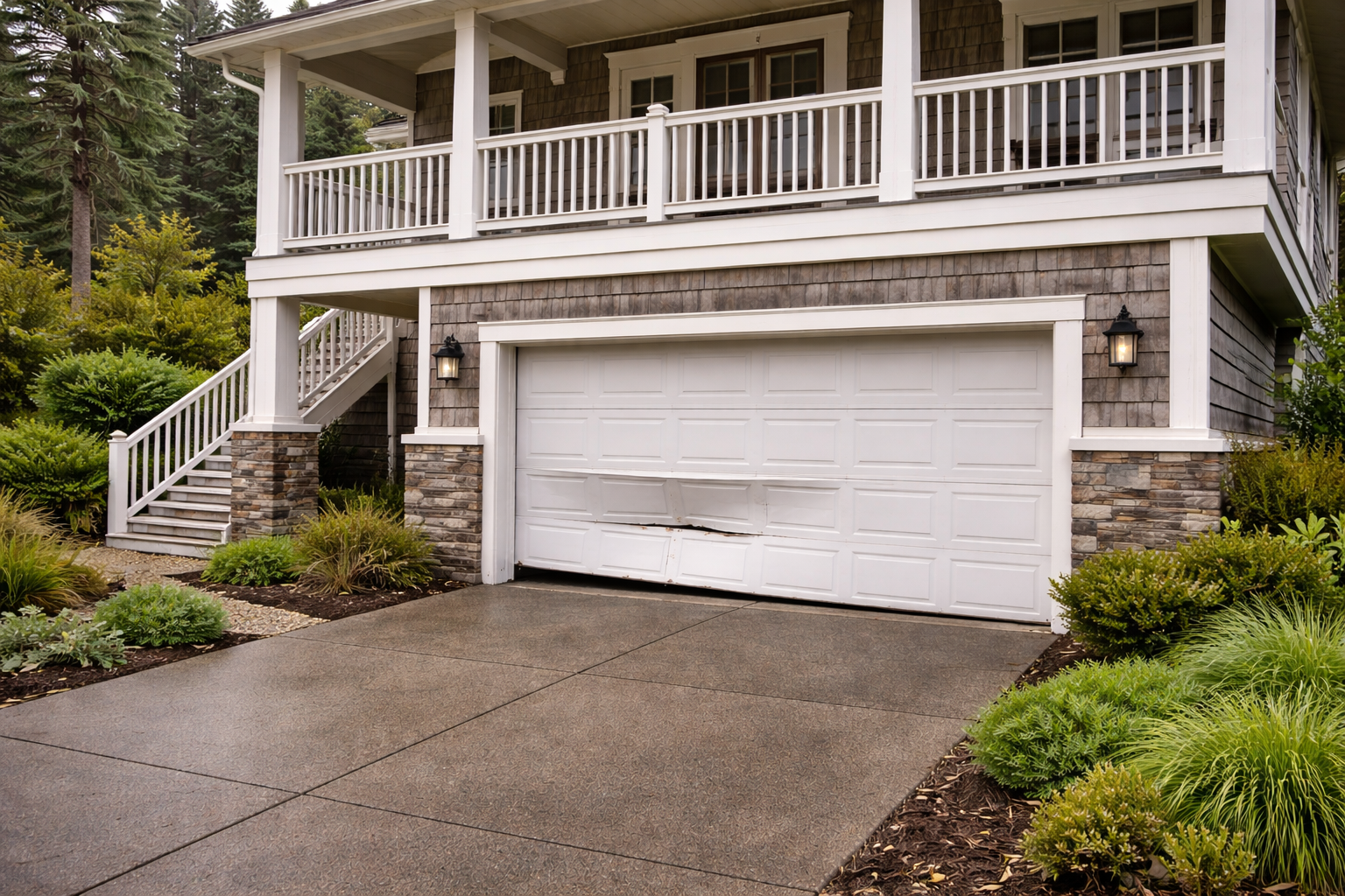 Garage door with damaged panels pushed inward from vehicle impact repaired by Garage Tech serving Lake Stevens, WA