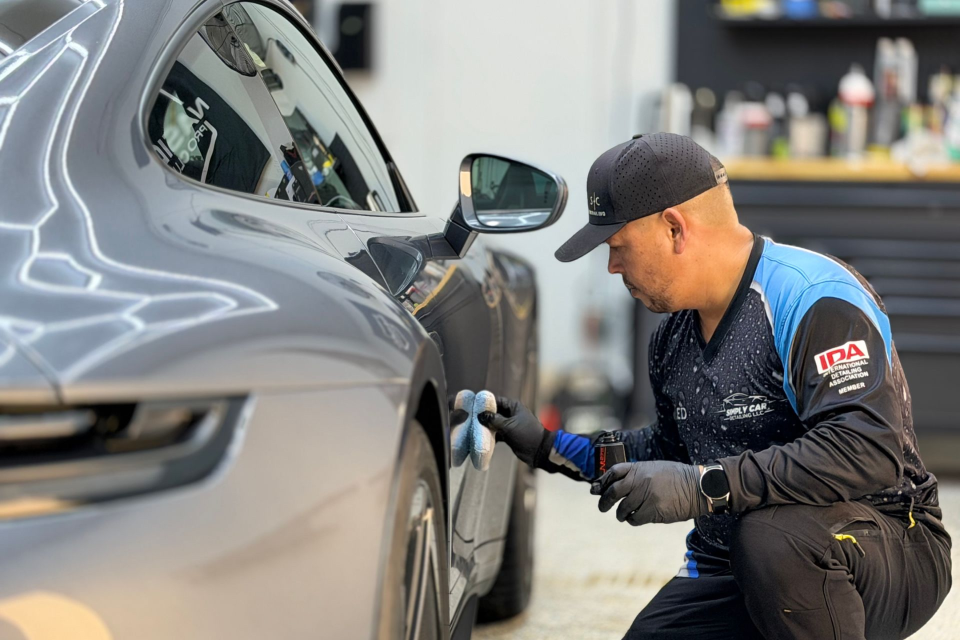 Man in black gloves, kneeling, applying a detailing product to a gray sports car's door.
