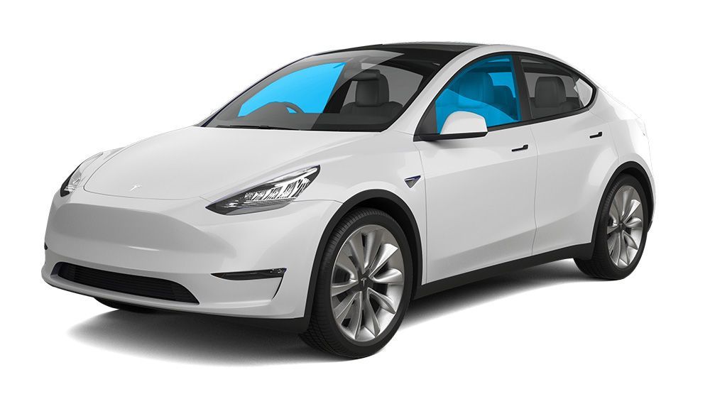 A white tesla model y with blue windows on a white background.