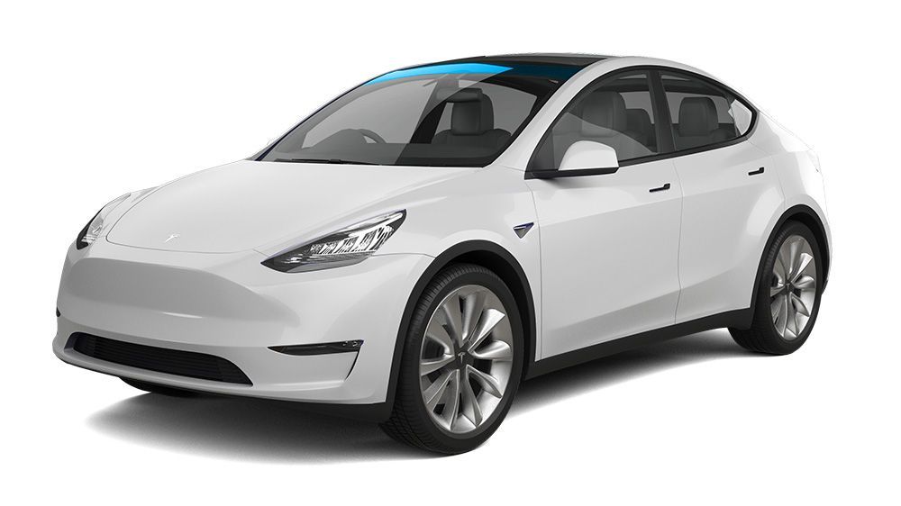 A white tesla model y is shown on a white background.