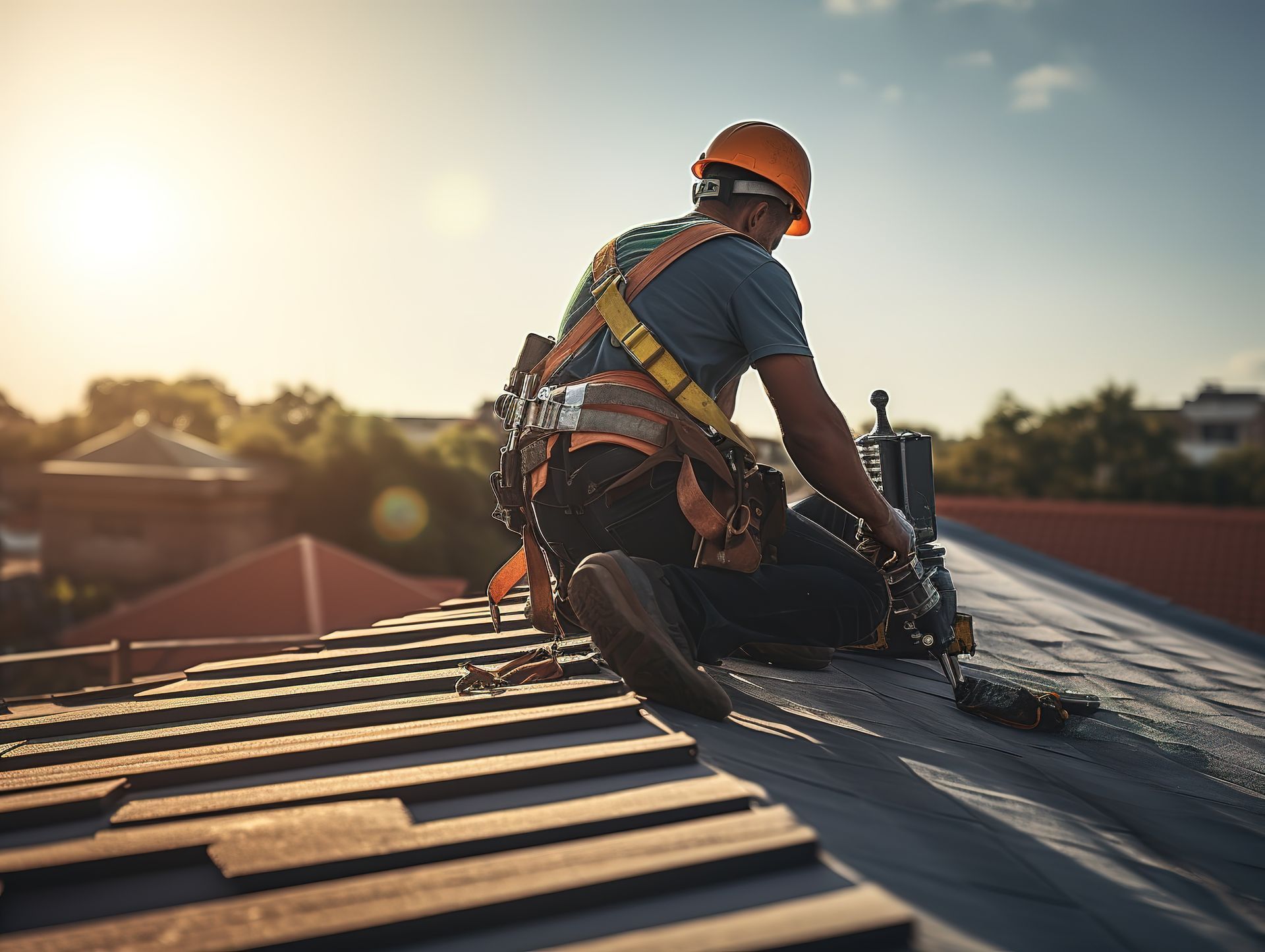 A safety-equipped commercial roofer installing new metal roofing panels at sunset.