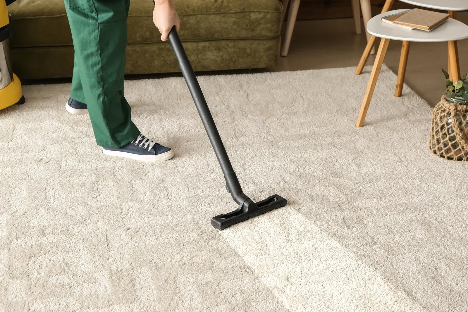 Person vacuuming a light-colored carpet in a room with a green couch and small table.