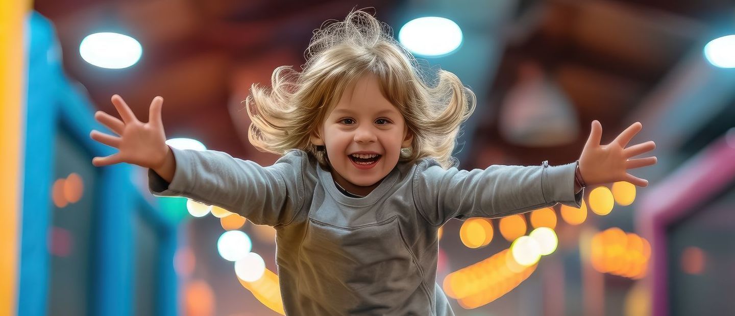Young child with outstretched arms and a joyful expression in a colorful indoor setting.