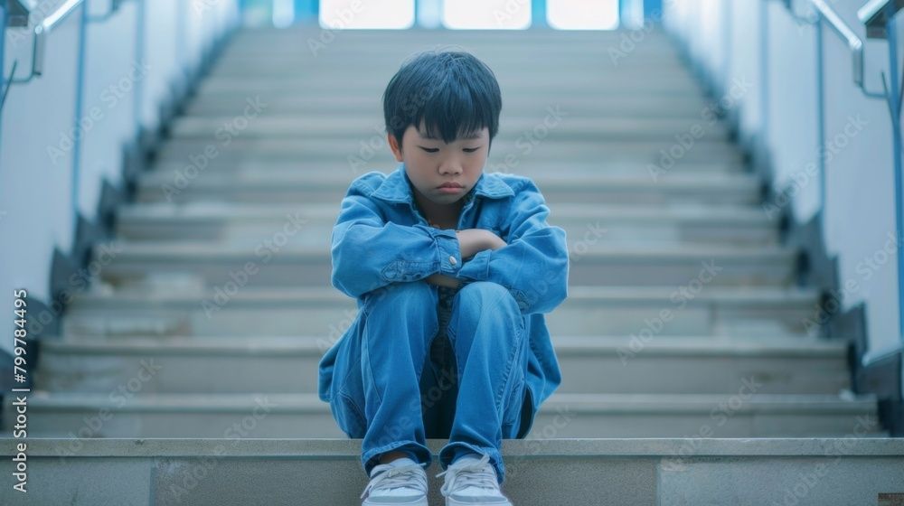 A young boy is sitting on a set of stairs with his head down.