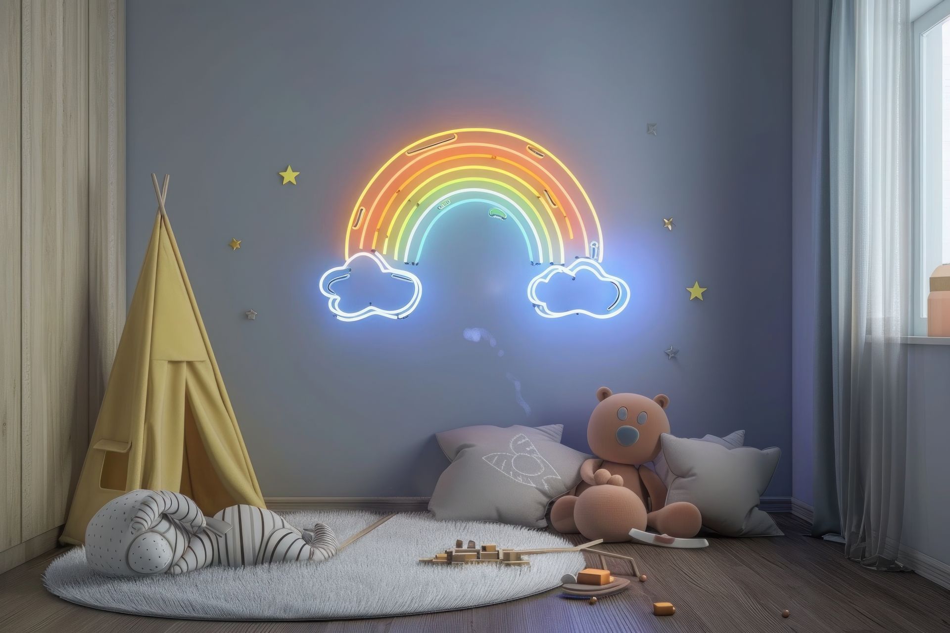 A child 's room with a rainbow neon sign on the wall.