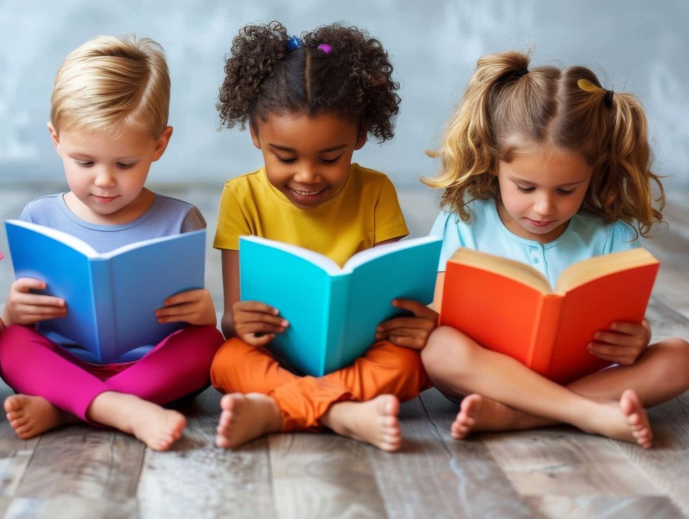 Three children sitting on floor, reading colorful books.