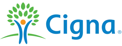 The cigna logo is blue and green with a tree in the middle.