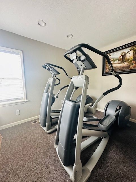 Two gray elliptical machines in a room with a window and a painting.