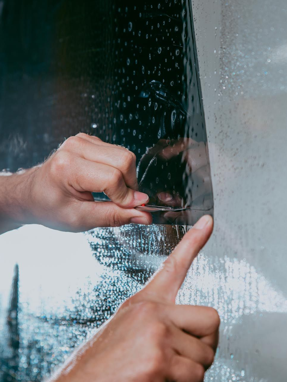 Person applying tint to a car window with a tool in an automotive shop.
