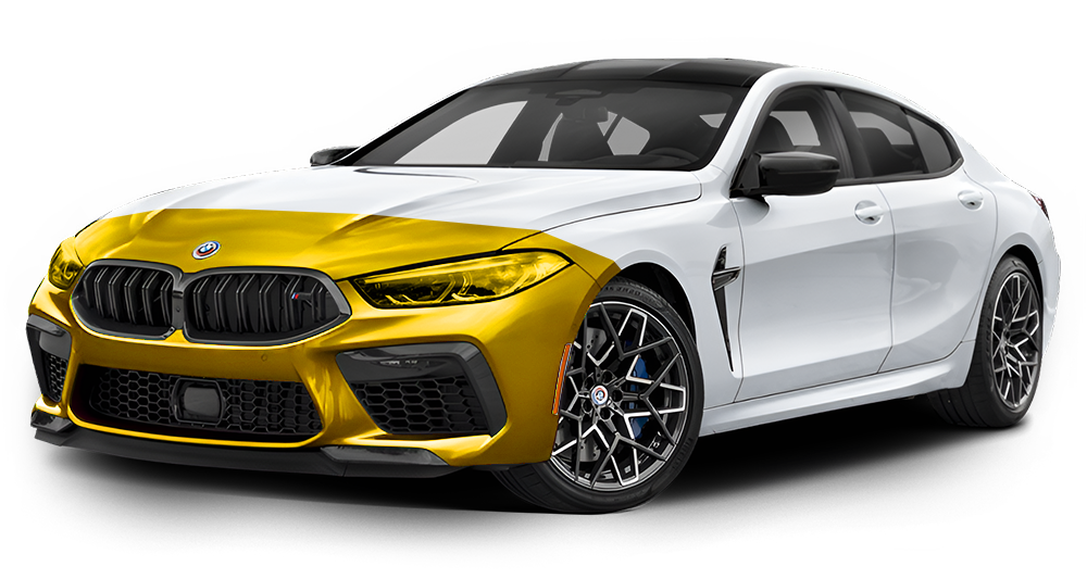 White and gold BMW M8 coupe.