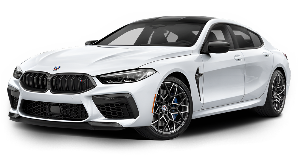 White BMW M8 Gran Coupe with black accents, sleek design, on a white background.