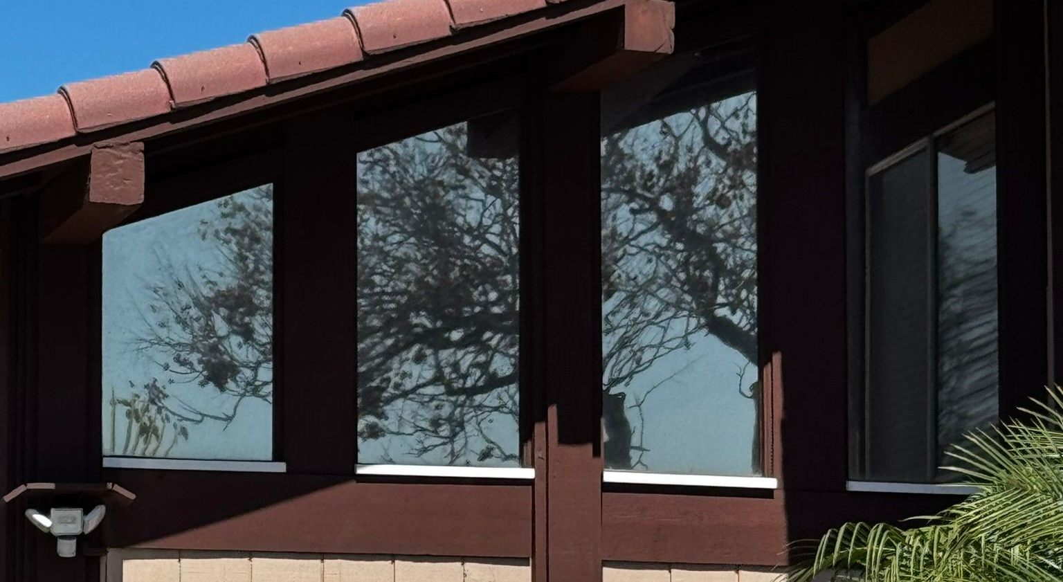 Brown house with reflective windows, trees are reflected in the windows.