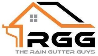 Logo for "RGG: The Rain Gutter Guys," featuring an orange house outline with gutters and black lettering.