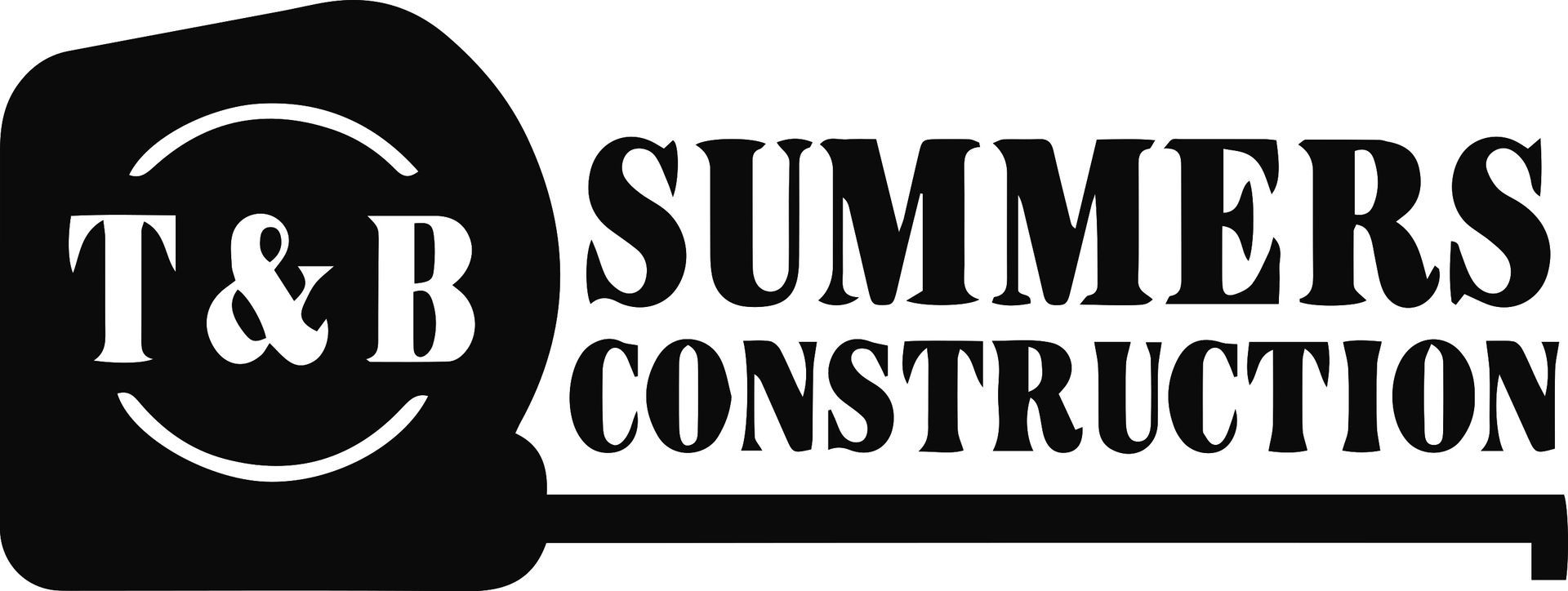 Logo for T&B Summers Construction. Features a tape measure with the letters "T&B" inside a circle, and the company name.