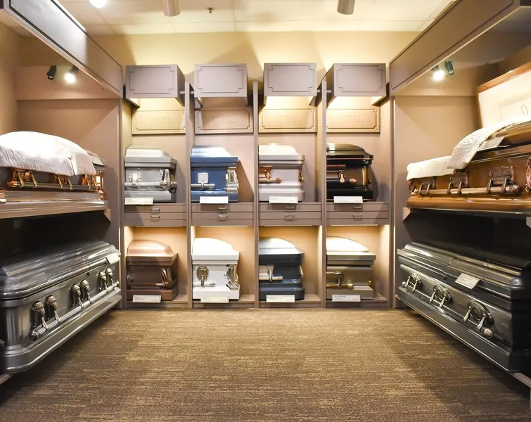 A room filled with lots of coffins on shelves