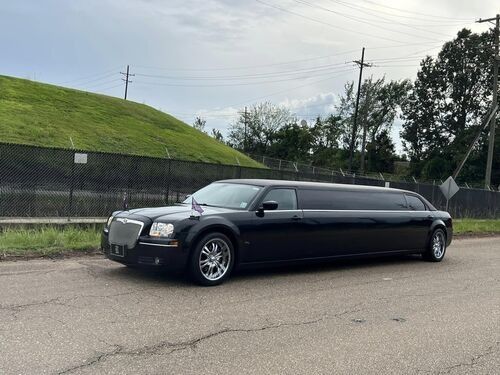 Black limousine parked on a road next to a chain link fence and grassy hill. Overcast sky.