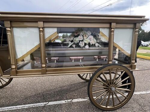 A horse-drawn hearse with a gold frame and glass panels, carrying a casket and flowers.