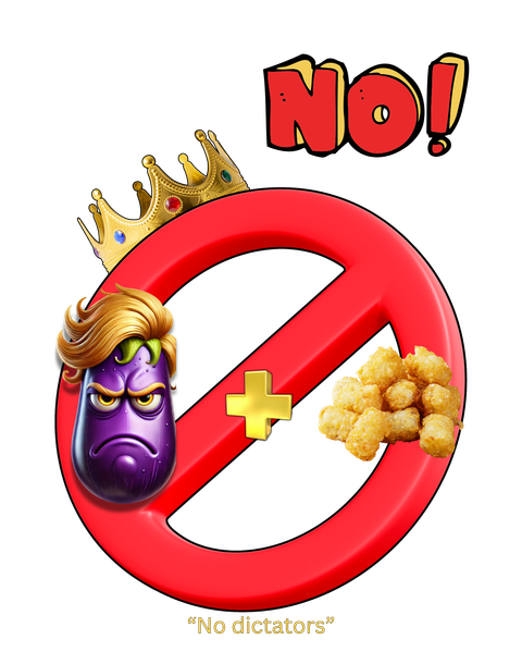 A no sign with a purple eggplant with a crown on it and tator tots