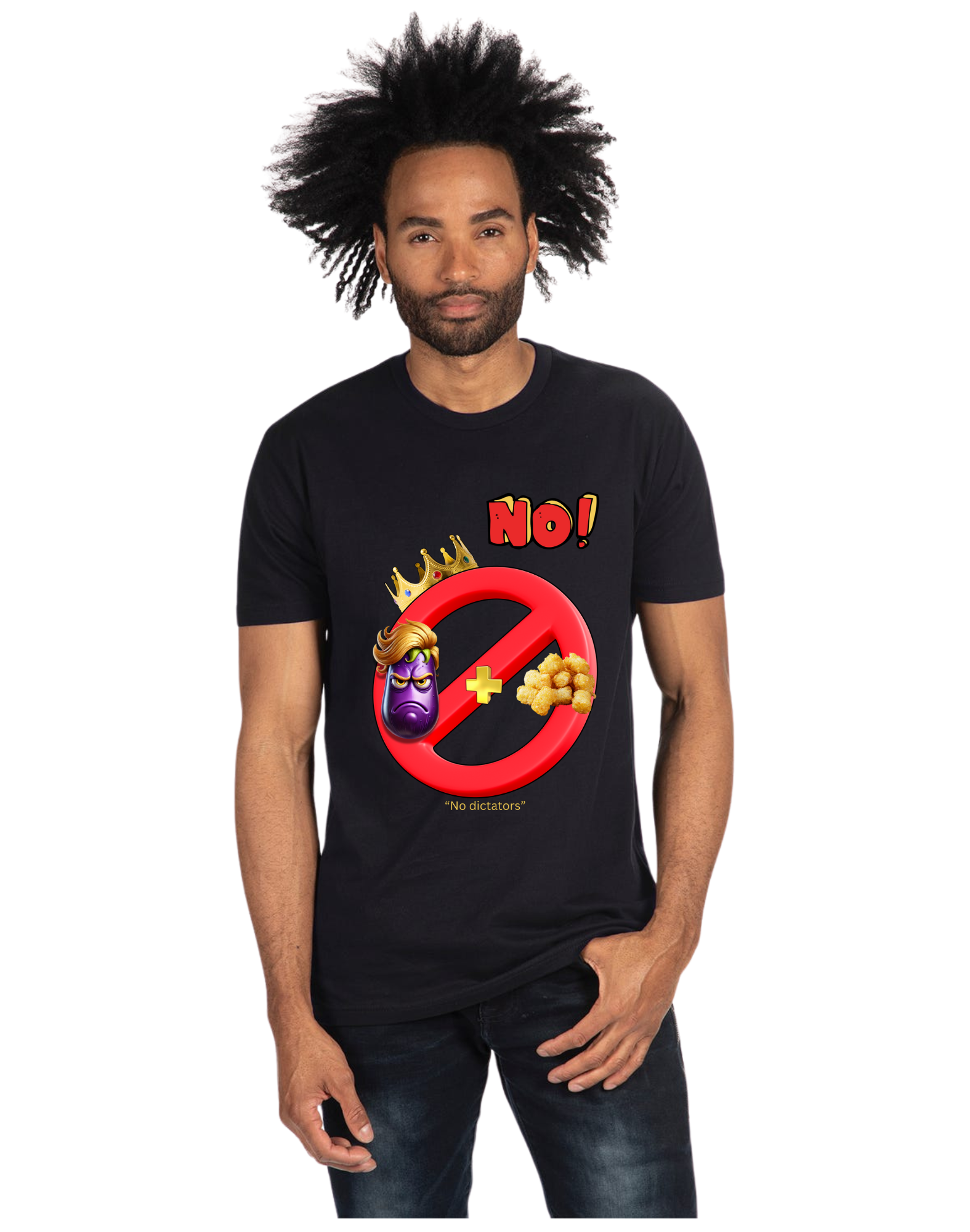 A man wearing a black t-shirt that says no dictators