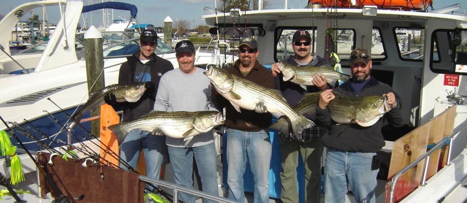 A group of men are standing on a boat holding large fish.